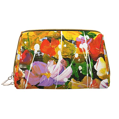 Große Kosmetiktasche, Reise-Kosmetik-Organizer, Leder, tragbar, wasserdicht, mit Reißverschluss, Make-up-Tasche für Damen und Teenager-Mädchen, abstrakte Blumen von DJNGN