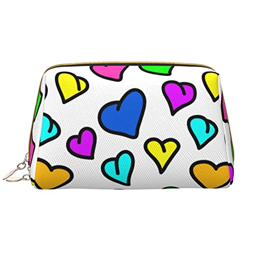Große Kosmetiktasche, Reise-Kosmetik-Organizer, Leder, tragbar, wasserdicht, mit Reißverschluss, Make-up-Tasche für Damen und Teenager-Mädchen, buntes Herzmuster von DJNGN