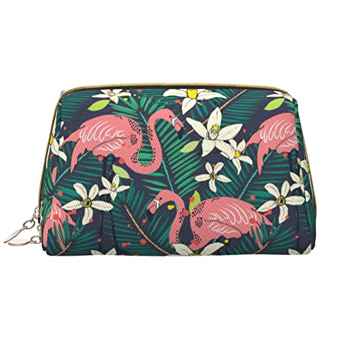Große Kosmetiktasche, Reise-Kosmetik-Organizer, Leder, tragbar, wasserdicht, mit Reißverschluss, für Damen und Teenager, Flamingos und Blumen von DJNGN