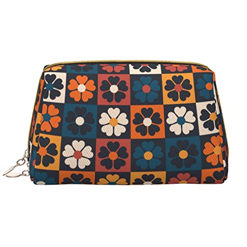 Große Kosmetiktasche, Reise-Kosmetik-Organizer, Leder, tragbar, wasserdicht, mit Reißverschluss, Make-up-Tasche für Frauen und Teenager-Mädchen, Blumenmuster, kariert von DJNGN