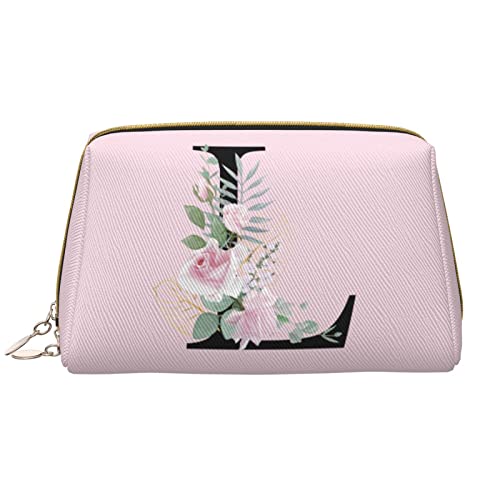 Große Make-up-Tasche für Reisen, Kosmetik-Organizer, Leder, tragbar, wasserdicht, mit Reißverschluss, Make-up-Tasche für Frauen und Teenager, Mädchen, Blume, Buchstabe L, Rosa von DJNGN