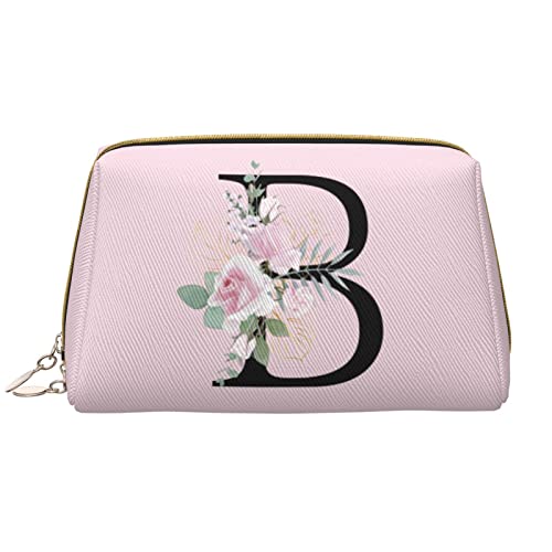 Große Make-up-Tasche für Reisen, Kosmetik-Organizer, Leder, tragbar, wasserdicht, mit Reißverschluss, Make-up-Tasche für Frauen und Teenager-Mädchen, Blume, Buchstabe B, Rosa von DJNGN