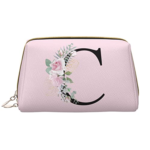 Große Make-up-Tasche für Reisen, Kosmetik-Organizer, Leder, tragbar, wasserdicht, mit Reißverschluss, Make-up-Tasche für Frauen und Teenager-Mädchen, Blume, Buchstabe C, Rosa von DJNGN