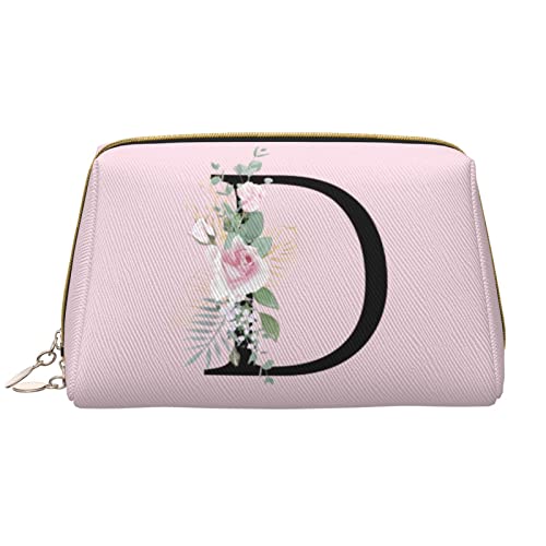 Große Make-up-Tasche für Reisen, Kosmetik-Organizer, Leder, tragbar, wasserdicht, mit Reißverschluss, Make-up-Tasche für Frauen und Teenager-Mädchen, Blume, Buchstabe D, Rosa von DJNGN