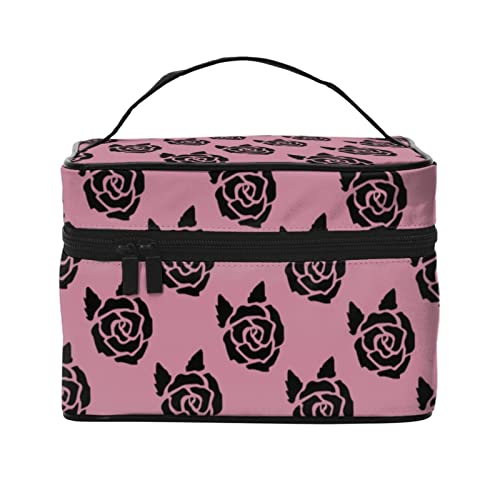 Handbemalte Blumen-Make-up-Tasche Reise-Kosmetiktasche für Frauen Mädchen Große Make-up-Organizer-Tasche Tragbare Kulturtasche Reise Deep Pink von DJNGN