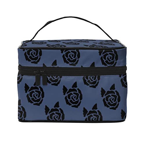 Handbemalte Blumen-Make-up-Tasche Reise-Kosmetiktasche für Frauen Mädchen Große Make-up-Organizer-Tasche Tragbare Kulturtasche Reise Indigoblau von DJNGN