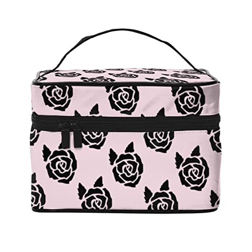 Handbemalte Blumen-Make-up-Tasche Reise-Kosmetiktasche für Frauen Mädchen Große Make-up-Organizer-Tasche Tragbare Kulturtasche Reise Rosa von DJNGN