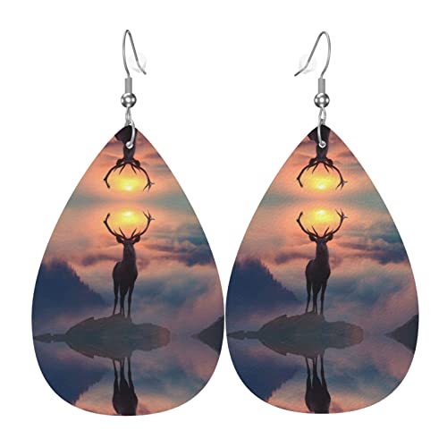 Hirsch Jagd Sonne Leder Ohrringe für Frauen baumeln Ohrring Tropfen Anhänger mit Haken Geschenke für Erwachsene Mädchen von DJNGN
