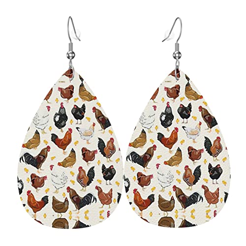 Hühner-Muster-Leder-Ohrringe für Frauen, baumelnder Ohrring, Tropfen-Anhänger mit Haken, Geschenke für erwachsene Mädchen von DJNGN