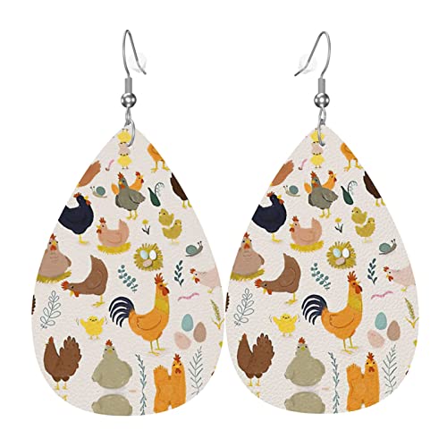 Hühner-Muster-Leder-Ohrringe für Frauen, baumelnder Ohrring, Tropfen-Anhänger mit Haken, Geschenke für erwachsene Mädchen von DJNGN