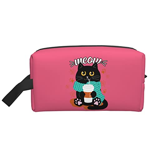 Katze Trinken Kaffee Pfirsichrosa Make-up-Tasche Reise-Toilettenartikel Make-up-Organizer Reise große Kapazität tragbare Reise-Kosmetiktaschen für Frauen Mädchen von DJNGN