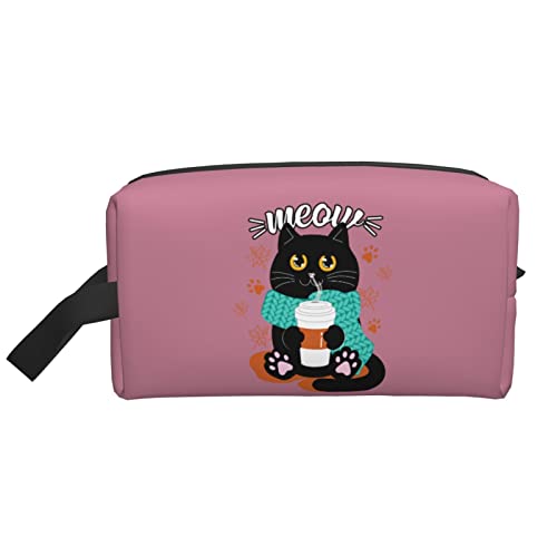 Katze Trinken Kaffee dunkelrosa Make-up-Tasche Reise-Toilettenartikel Make-up-Organizer Reise große Kapazität tragbare Reise-Kosmetiktaschen für Frauen Mädchen von DJNGN