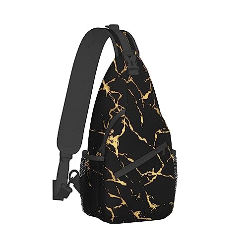 Lässiger Sling-Rucksack für Damen, Brust-Schulter-Crossbody-Rucksack, lustiger Gym-Sack, kompatibel mit Gold-Marmorierung-Textur, schwarzer Marmor-Schulranzen-Reisetasche, Outdoor-Wander-Tagesrucksack von DJNGN