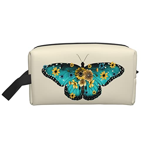 Reise-Kosmetiktasche mit blauem Schmetterling, für Toilettenartikel, Make-up, großes Fassungsvermögen, tragbar, Kosmetiktasche für Damen und Mädchen, cremefarben von DJNGN