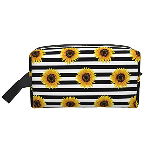 Make-up-Tasche, schwarz, weiß, gestreift, Sonnenblume, Reise-Toilettenartikel, Make-up-Organizer, Reise, große Kapazität, tragbare Reise-Kosmetiktaschen für Frauen und Mädchen von DJNGN