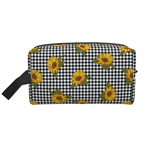 Make-up-Tasche, schwarz, weiß, kariert, Sonnenblume, Reise-Toilettenartikel, Make-up-Organizer, Reise, große Kapazität, tragbare Reise-Kosmetiktaschen für Frauen und Mädchen von DJNGN