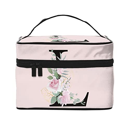 Make-up-Tasche mit Blumenmotiv, Buchstabe L, Rosa, Reise-Kosmetiktasche für Damen und Mädchen, große Make-up-Organizer-Tasche, tragbare Kulturtasche, Reiseutensilien von DJNGN