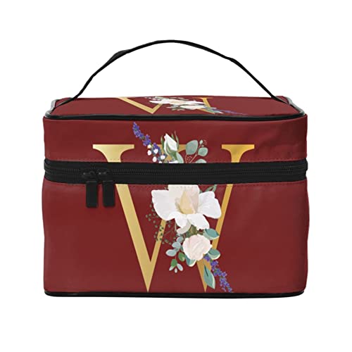 Make-up-Tasche Flower Lette W Rot Reise-Kosmetiktasche für Frauen Mädchen Große Make-up-Organizer-Tasche Tragbare Kulturtasche Reiseutensilien von DJNGN