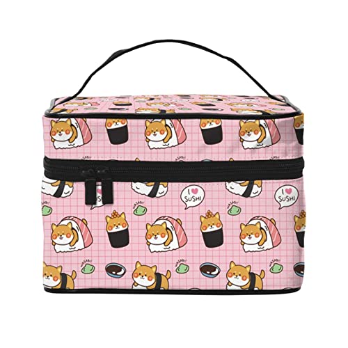 Make-up-Tasche, Reise-Kosmetiktasche für Frauen und Mädchen, große Make-up-Organizer-Tasche, tragbare Kulturtasche, Sushi und Hund von DJNGN