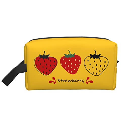 Make-up-Tasche mit DREI Erdbeeren, gelb, Reise-Toilettenartikel, Make-up-Organizer, große Kapazität, tragbare Reise-Kosmetiktaschen für Frauen und Mädchen von DJNGN