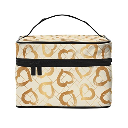Make-up-Tasche mit leuchtenden goldenen Herzen, Reise-Kosmetiktasche für Frauen und Mädchen, große Make-up-Organizer-Tasche, tragbare Kulturtasche für Reisen, cremefarben von DJNGN