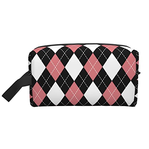 Make-up-Tasche mit rosafarbenem Argyle-Muster, Reise-Toilettenartikel, Make-up-Organizer, große Kapazität, tragbare Reisekosmetiktaschen für Frauen und Mädchen von DJNGN