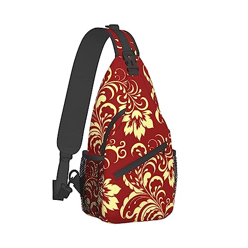 Modischer Sling-Rucksack, Sling-Umhängetasche, Outdoor-Brust-Crossbody-Bike-Gym-Läufer-Tagesrucksack mit verstellbarem Riemen für Männer und Frauen, kompatibel mit Flower Red Gold Floral Classy Burgun von DJNGN