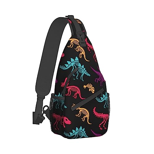 Modischer Sling-Rucksack, leichte Sling-Umhängetasche, Outdoor-Brust-Crossbody-Bike-Gym-Läufer-Tagesrucksack mit verstellbarem Riemen für Männer und Frauen, kompatibel mit Dinosaurier-Skelett-Buntdruc von DJNGN