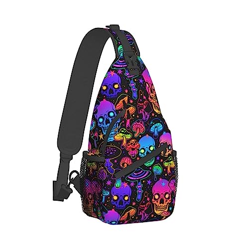 Modischer Sling-Rucksack, leichte Sling-Umhängetasche, Outdoor-Brust-Crossbody-Bike-Gym-Läufer-Tagesrucksack mit verstellbarem Riemen für Männer und Frauen, kompatibel mit Trippy Magic Mushroom Skulls von DJNGN