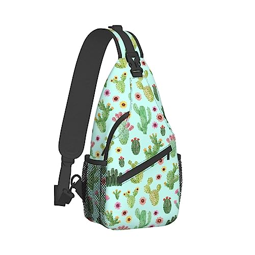 Modischer Sling-Rucksack für Männer und Frauen, leichte Sling-Umhängetasche, Outdoor-Brust-Crossbody-Bike-Gym-Läufer-Tagesrucksack mit verstellbarem Riemen, kompatibel mit Aquarell-Mintgrün-Kaktusblum von DJNGN