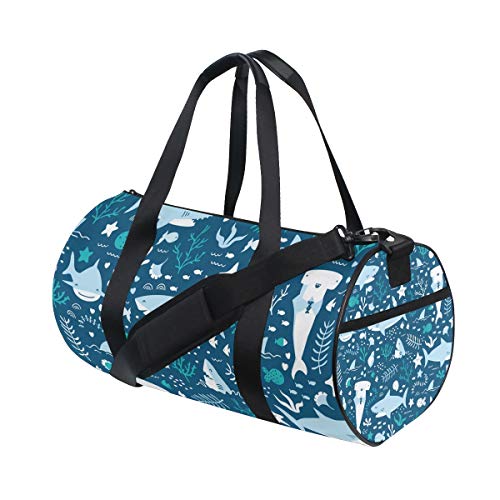 Nahtlose Unterwasser-Süße Haie Blaue Sporttasche Canvas Reisetasche Weekender Gepäck Handtasche für Männer Frauen Sport und Übernachtung von DJNGN
