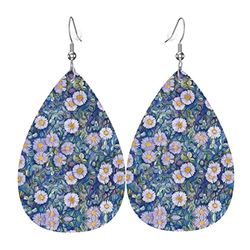 Niedliche Gänseblümchen-Druck-Leder-Ohrringe für Frauen, baumelnde Ohrringe, Tropfen-Anhänger mit Haken, Geschenke für erwachsene Mädchen von DJNGN
