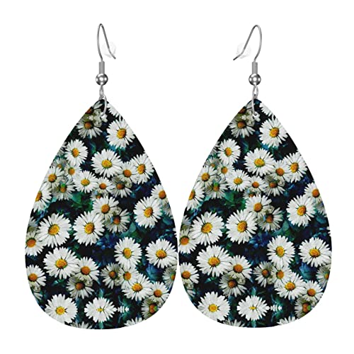Niedliche Gänseblümchen-Druck-Leder-Ohrringe für Frauen, baumelnde Ohrringe, Tropfen-Anhänger mit Haken, Geschenke für erwachsene Mädchen von DJNGN