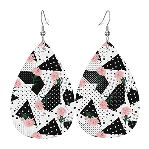 Patchwork Floral Schwarz Weiß Polka Dots Leder Ohrringe Für Frauen Baumeln Ohrring Tropfen Anhänger Mit Haken Geschenke Für Erwachsene Mädchen von DJNGN
