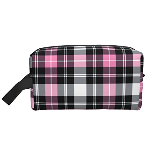 Pink Black Plaid Makeup Bag Travel Toiletries Makeup Organizer Travel Large Capacity Portable Travel Cosmetic Bags for Women Girls von DJNGN