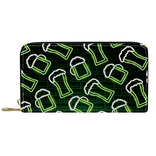 Portemonnaie Leder Leder Reißverschluss Lange Geldbörse Biere im Neon-Stil St. Patrick's Day von DJNGN