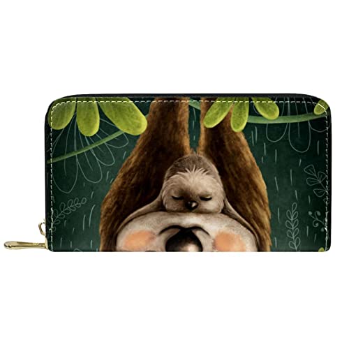 DJNGN Portemonnaie Leder Leder Reißverschluss Lange Geldbörse Faultier Tropisch von DJNGN