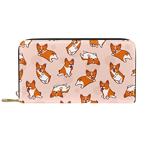 Portemonnaie Leder Leder Reißverschluss Lange Geldbörse Pink Corgis Dog von DJNGN