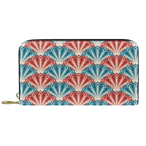 DJNGN Portemonnaie aus Leder mit Reißverschluss, Lange Geldbörse, nahtlos, Muster, Pfauenfedern, rot, blau von DJNGN