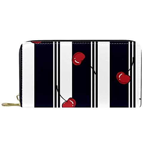 Portemonnaie für Damen, Clutch, Geldbörsen für Damen, Kartenhalter, Organizer, Leder, Reißverschluss, rote Kirsche, Sweety, Dunkelmarine, weißer Streifen von DJNGN