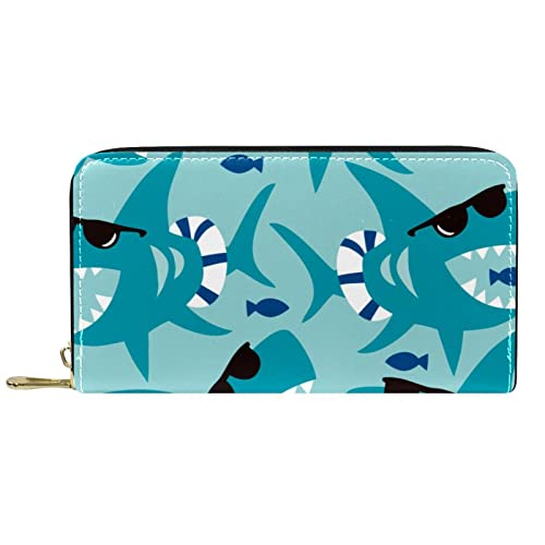 Portemonnaie für Damen Clutch Geldbörsen für Damen Kartenhalter Organizer Leder Geldbörse mit Reißverschluss Blaue Sonnenbrille Haifisch von DJNGN