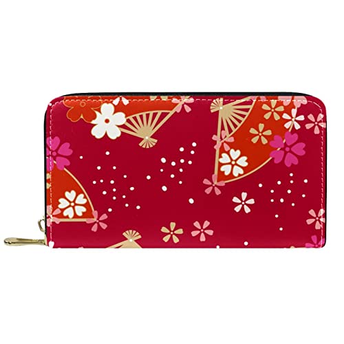 Portemonnaie für Damen Clutch Geldbörsen für Damen Kartenhalter Organizer Leder Reißverschluss Geldbörse Rot Japanisch Fächer Kirschblüte von DJNGN