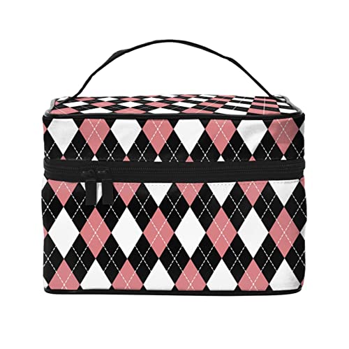 Rosa Argyle-Muster Make-up-Tasche Kulturtasche für Frauen Kosmetiktasche Reise-Kulturtasche Make-up-Reisetasche Make-up-Organizer Große Make-up-Tasche von DJNGN