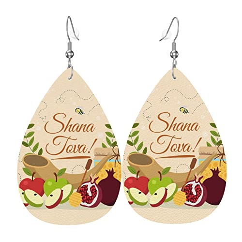 Rosh Hashanah Shana Tova Lederohrringe für Frauen, baumelnder Ohrring, Tropfenanhänger mit Haken, Geschenke für erwachsene Mädchen Rosh Hashanah Shana Tova Lederohrringe für Frauen, baumelnder Ohrring, Tropfenanhänger mit Haken, Geschenke für erwachsene Mädchen von DJNGN