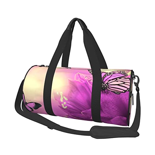Runde Reisetasche, Blumen- und Lila-Schmetterlings-Sporttasche für Männer und Frauen, Seesack, Sporttasche von DJNGN