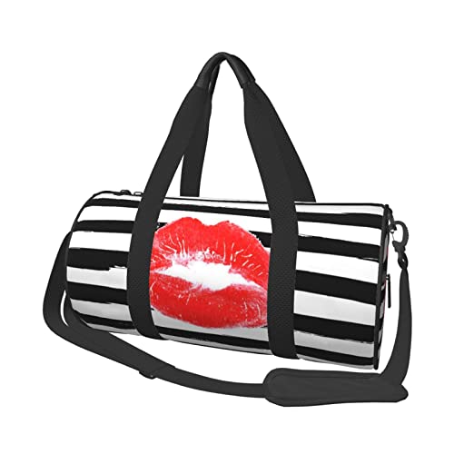 Runde Reisetasche, Motiv: Red Lips Kiss, Sporttasche für Herren und Damen, Seesack, Sporttasche von DJNGN