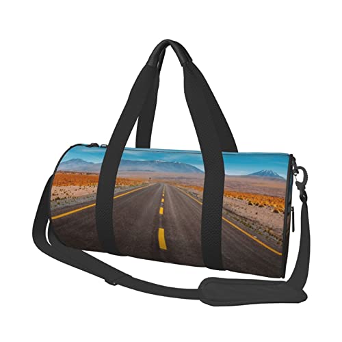 Runde Reisetasche mit Aufschrift „Highway Road in The Desert Landscape, Sporttasche für Männer und Frauen, Seesack, Sporttasche von DJNGN