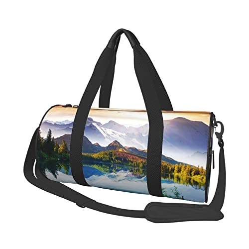 Runde Reisetasche mit Bergseeblick, sonniger Tag, Natur, Sporttasche für Männer und Frauen, Seesack, Sporttasche von DJNGN
