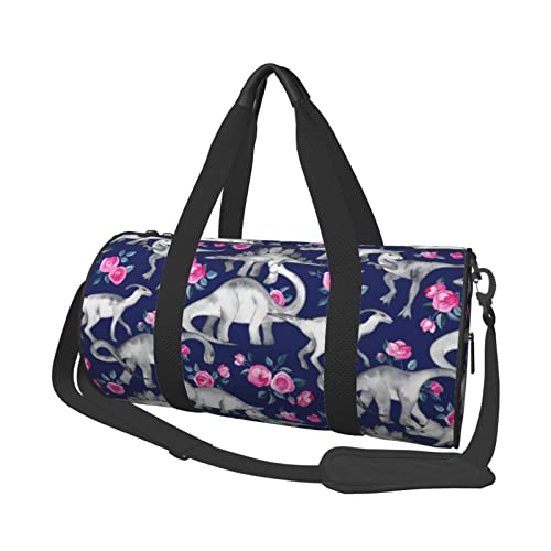 Runde Reisetasche mit Dinosauriern und Rosen, Sporttasche für Männer und Frauen, Reisetasche, Sporttasche von DJNGN