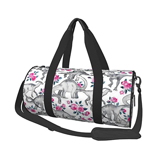Runde Reisetasche mit Dinosauriern und Rosen, Sporttasche für Männer und Frauen, Seesack, Sporttasche von DJNGN